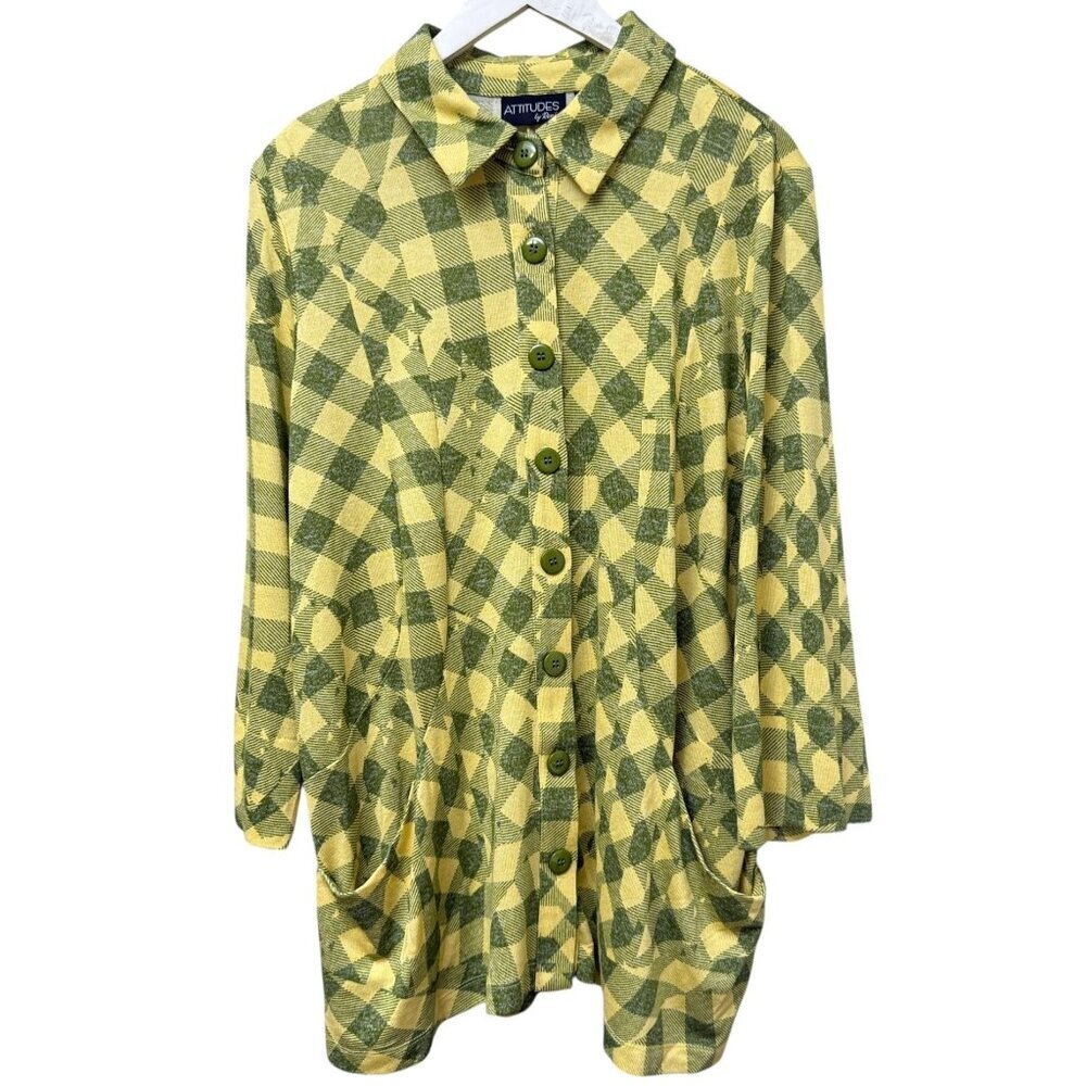 Attitudes by Renee Womens Top Medium Stretch Knit Yellow Green Check NWOT